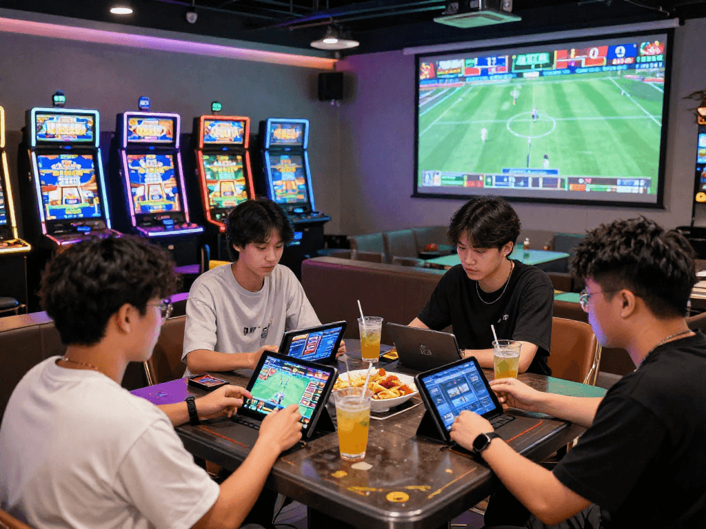 Players enjoying live betting experience at mb66.com with interactive gaming setup in a modern lounge.